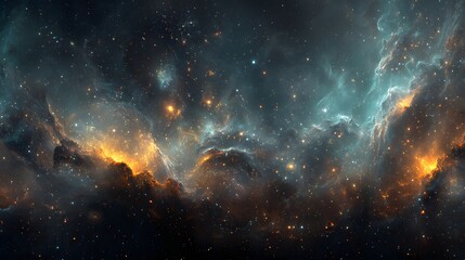 Fototapeta premium A stunning digital illustration of a vibrant nebula, showcasing swirling patterns of teal, gold, and dark gray, speckled with glittering stars.