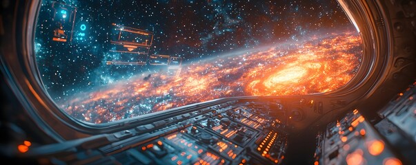 Spaceship Control Panel Scanning a Distant Galaxy