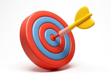 A yellow dart has hit the bullseye of a red and blue target