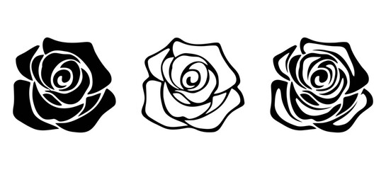Three stylized rose designs silhouette isolated on white background