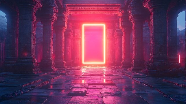 Mystical neon portal in an ancient temple - Powered by Adobe