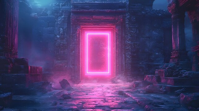 Mystical neon portal in an ancient temple