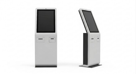 Touchscreen Kiosk Mockup | Two Views of White Information Terminal for Retail, Advertising, and Self-Service