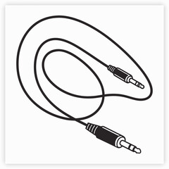 A simple illustration of a black aux cable with a white background and a curved black cable
