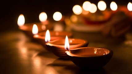 Closeup of lit diya lamps in a row for diwali festival celebration in india