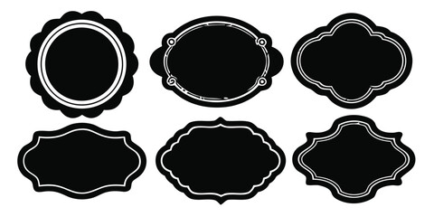 Collection of six ornate vintage style black silhouette labels isolated on white background