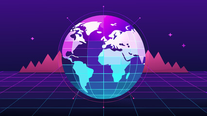 Naklejka premium Futuristic digital globe with grid lines and abstract landscape in neon retro style