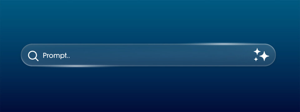 Generative AI bar in Liquid glass style. Artificial intelligence concept. Search and analysis by AI. Chatbot and Assistant. Modern web user interface element for UI UX design. Vector illustration.