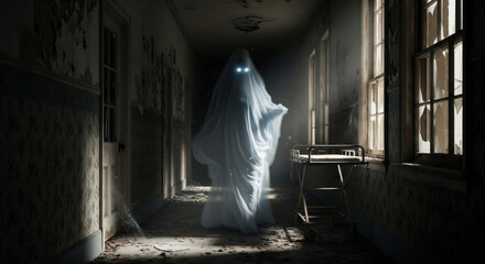A spectral figure in a decaying hallway with glowing eyes and broken windows in the background
