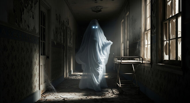 A spectral figure in a decaying hallway with glowing eyes and broken windows in the background
