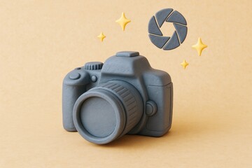 DSLR camera made from clay with aperture symbol and sparkles in playful style on beige background. Concept of World Photography Day celebration