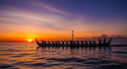 Majestic Dragon Boat Silhouetted Against a Fiery Sunset Over the Ocean.