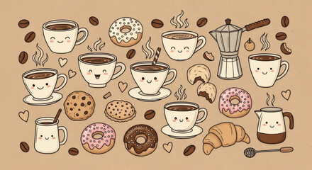 "Cute Coffee Shop Doodles" &ndash; Coffee cups, cookies, coffee beans, donuts, and cozy caf&eacute; elements.