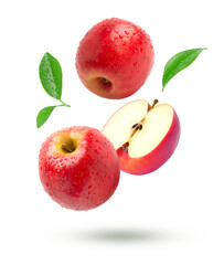 red apples with leaves isolated on transparent background