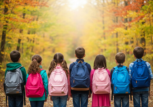 Back View of School Children with Backpacks in an Autumn Park - Powered by Adobe