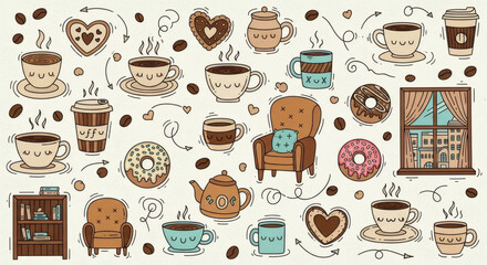 "Cute Coffee Shop Doodles" &ndash; Coffee cups, cookies, coffee beans, donuts, and cozy caf&eacute; elements.