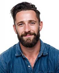 Obraz premium Photograph of a handsome man with a beard, smiling and looking at the camera, isolated on a white background.