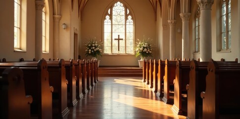 Solemn church setting, simple floral decor, empty pews, empty, solemn