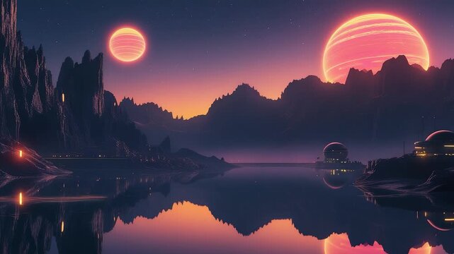 Alien Planets Mountains Lake Water Reflection Sunset Sky Domes Landscape Night Scene