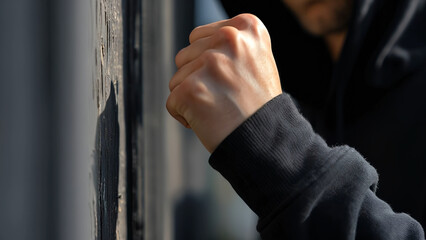 Close-up of clenched fist forcefully knocking on door, conveying tension, aggression, and urgency. Threat from stranger knocking on door