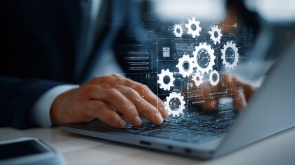 Innovative technology integrates gears and data on laptop while a business professional works diligently in a modern office setting
