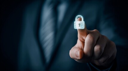 Business professional interacting with virtual lock symbol for cybersecurity concept in modern office environment