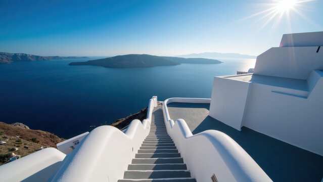 Breathtaking view of coastal landscape featuring white architecture, blue sea, and clear sky. stairs lead down to water edge, creating serene