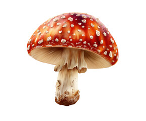 Bright red mushroom with white spots in natural setting on a transparent background, cut out