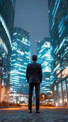 Fototapeta premium Man in Suit Facing Modern High-Rise Buildings at Night Symbolizing Ambition, Determination, and Future Goals