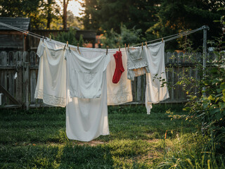 Clothesline filled with white apparel and a red sock in a backyard during late afternoon sunlight