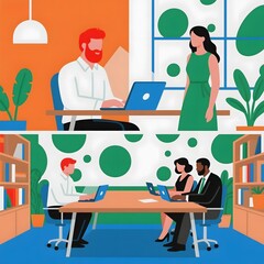 Collaborative Workspace with Individuals Engaged in Various Activities