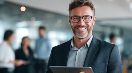 Confident Professional Smiling While Holding Digital Tablet in Modern Office Environment