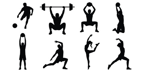 Set of 8 exercise and sports silhouette icons—featuring soccer, weightlifting, medicine ball, stretching, lunging, jumping, and kicking