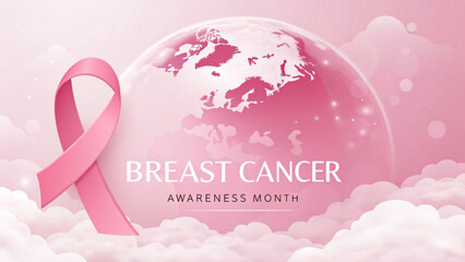 Pink Breast Cancer Awareness Ribbon and Globe with Clouds pink ribbon earth