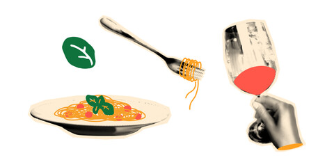 Trendy halftone collage elements set Italian pasta, spaghetti with tomato and basil leaf, hand holding glass of red wine stickers with vintage dot texture and doodles. Modern retro vector illustration