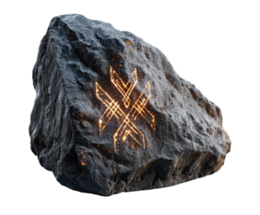 Ancient carved rock with glowing symbols for mystical themes on a transparent background, cut out