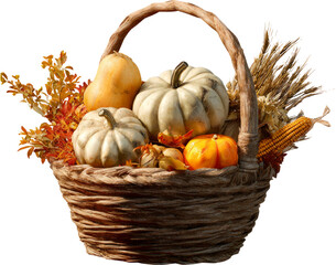 Bountiful autumn harvest basket decoration with white pumpkin and gourd