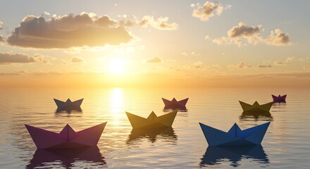 Paper boats floating on water, storytelling of childhood and imagination
