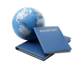 Passport and globe symbolize the essence of global travel experiences on a transparent background, cut out
