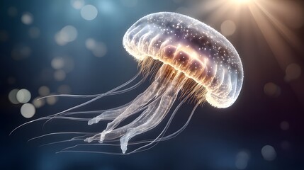 A luminous jellyfish, translucent and glowing, floats serenely in a dark underwater setting, highlighted by sunbeams.