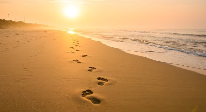 Footprints in the sand leading into horizon, storytelling of personal journey