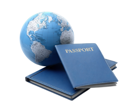 Passport and globe symbolize the essence of global travel experiences on a transparent background, cut out