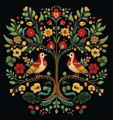 Obraz premium Ornate floral tree of life with two birds, vibrant colors on black background.