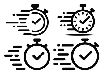 Set of four stopwatch icons with motion lines and check marks—symbolizing speed, urgency, and task completion in stylized black design