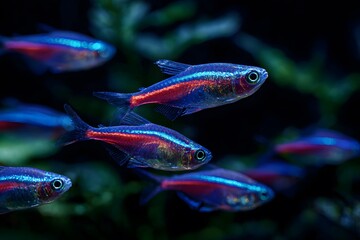 Obraz premium A group of shimmering neon tetras glowing in blue and red against a dark aquarium background