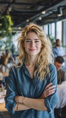 Casual Businesswoman Standing with Confidence in Stylish Open Office Environment