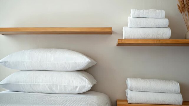 Modern minimalist bedroom decor with white pillows and wooden shelves