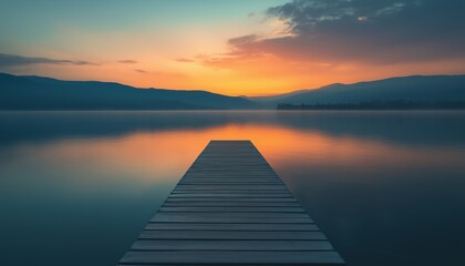 Naklejka premium Scenic Sunrise Overlooking Lake From A Long Pier Stretching Into The Water, Offering A Picturesque View From Afar