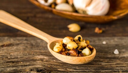 Fototapeta premium Roasted garlic cloves, nestled in a wooden spoon, on a rustic wooden table.