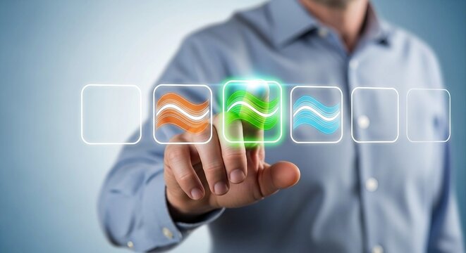 Man touching a digital button with flowing water graphics | Interactive technology for energy, sustainability, environment